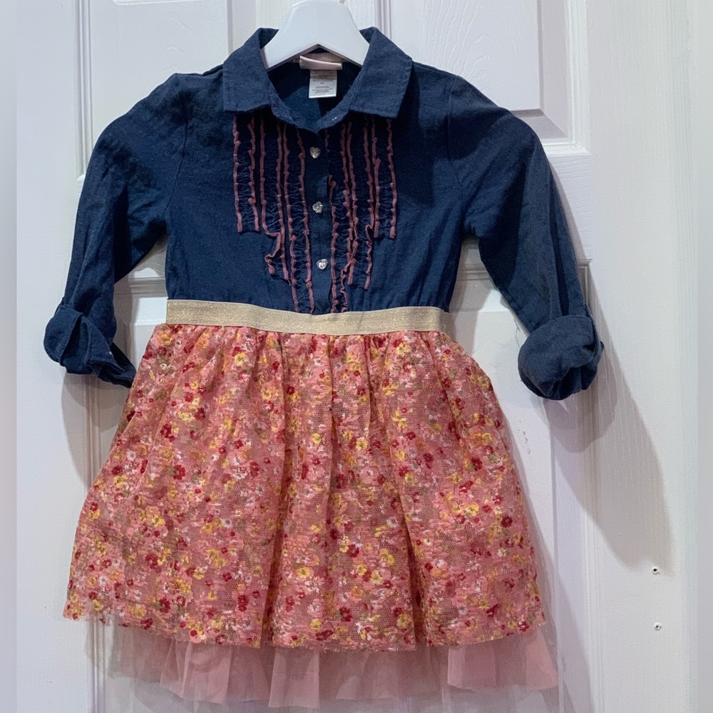 Little Lass | Chambray & Peach Floral Stripe Button-Front Fit & Flare Dress